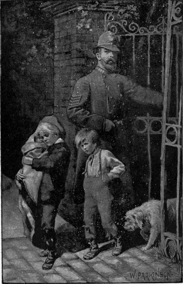 A bearded policeman stands at an iron gate with Clare, who carries the baby, and Tommy, and a dog at their feet.