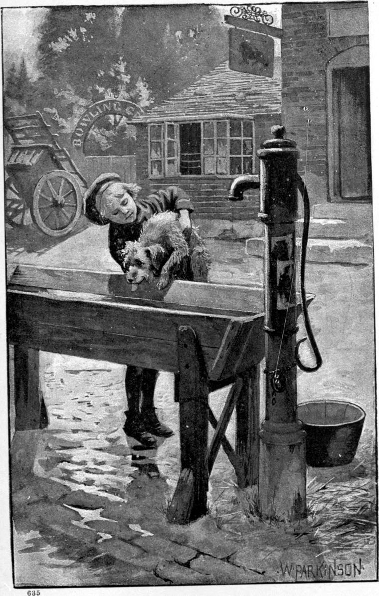 Clare lifts his dog Abdiel up to drink at a village pump and trough.