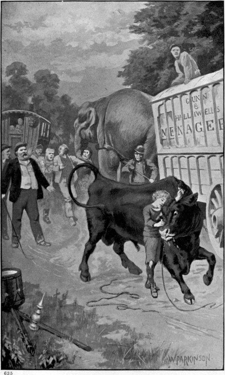 Clare holds the ring in a bull's nose beside a showman's caravan while men and an elephant look on.