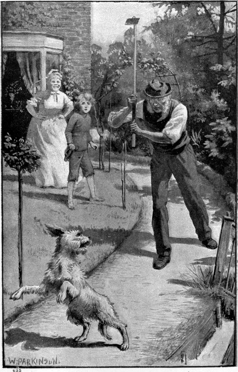 A dog flies at a gardener raising his spade, while a lady and a little girl watch from the garden path.