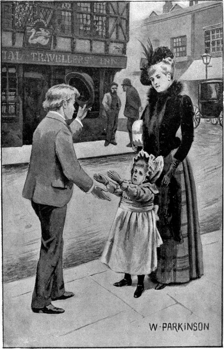 On a town pavement, Clare holds out his hands to a little girl standing with a lady in black.
