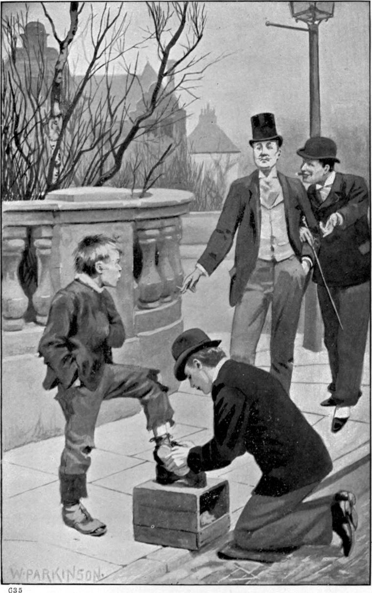 By a stone balustrade, one boy kneels at a shoeblack's box polishing another's boot while two gentlemen watch.